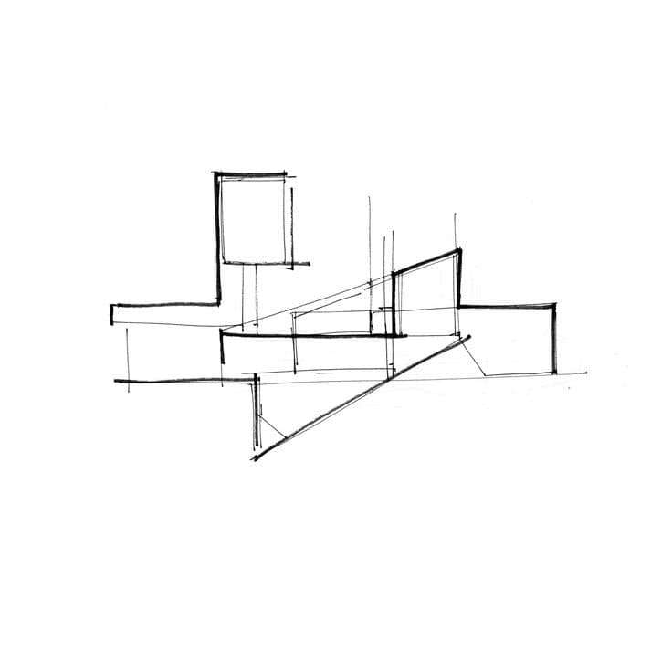 Minimalist architectural sketch featuring abstract geometric shapes and intersecting black ink lines on white.
