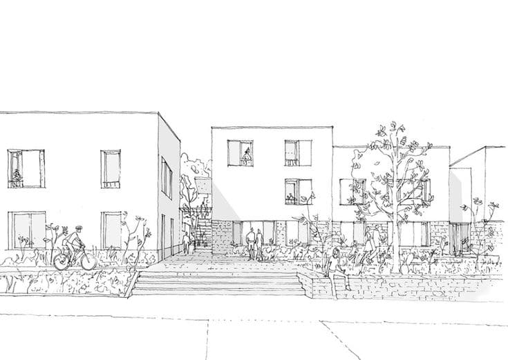 Architectural line drawing of a modern residential complex with people, trees, and a cyclist.