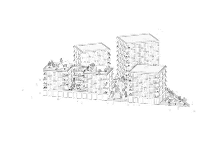 Axonometric line drawing of modern multi-story buildings featuring rooftop gardens and a central courtyard.